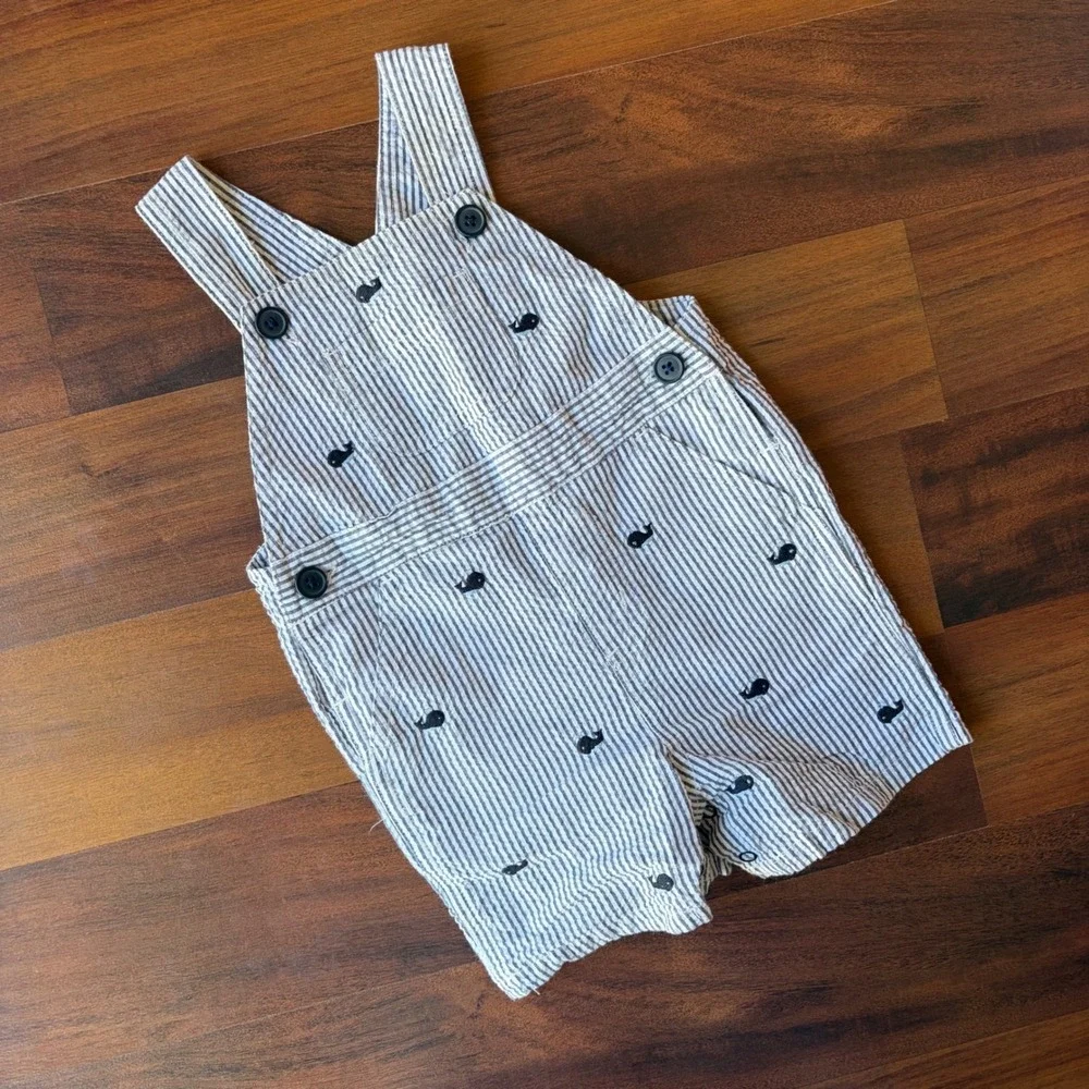 Gymboree Baby Seersucker Whale Embroidered Shortall Overalls Blue White 3-6M